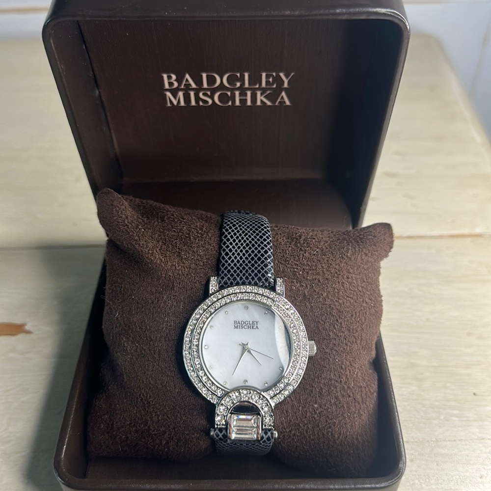 Badgley Mischka BA/1279WMBK Ladies Crystal Accented Watch w/ MOP Dial